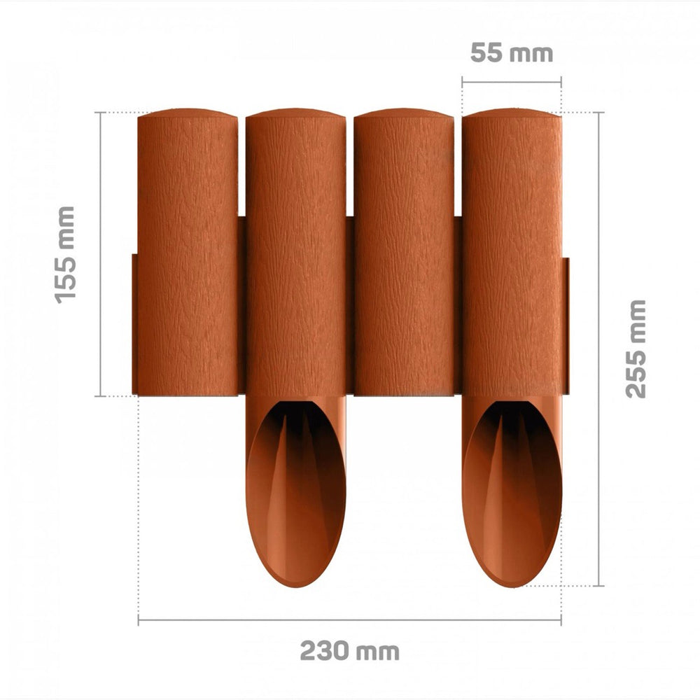 Ceglasta palisada ogrodowa z wymiarami: 230 mm szerokości, 255 mm wysokości z szpilkami i 155 mm nad ziemią