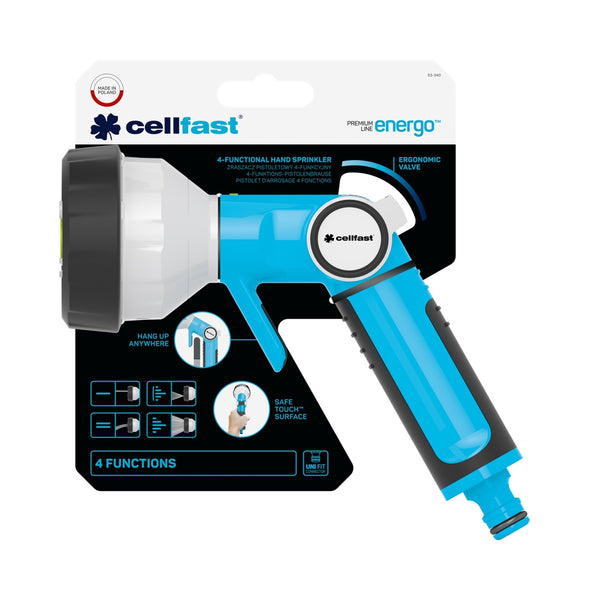 Zraszacz pistoletowy Cellfast ENERGO 4-funkcyjny w opakowaniu producenta na białym tle