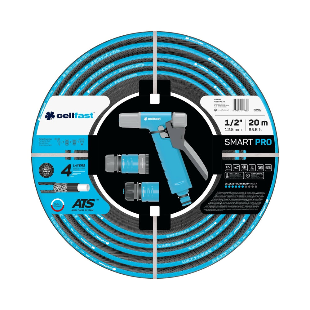 Zestaw zraszający Cellfast SMART PRO ATS 1/2" 20 m: zwinięty wąż z zraszaczem pistoletowym i szybkozłączkami