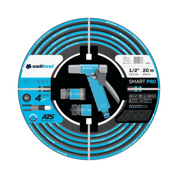 Zestaw zraszający Cellfast SMART PRO ATS 1/2" 20 m: zwinięty wąż z zraszaczem pistoletowym i szybkozłączkami