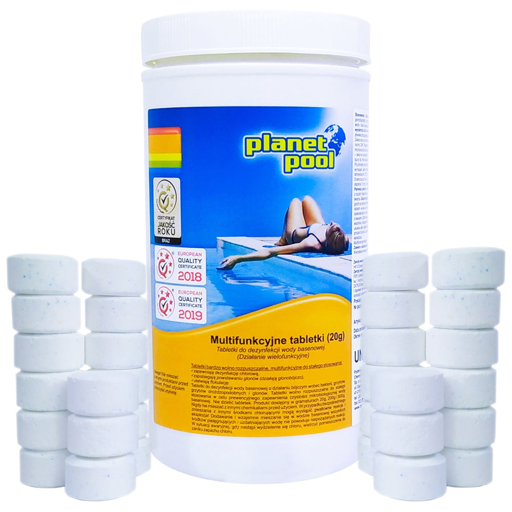 Pojemnik Planet Pool multifunkcyjne tabletki 20 g z rozsypanymi tabletkami