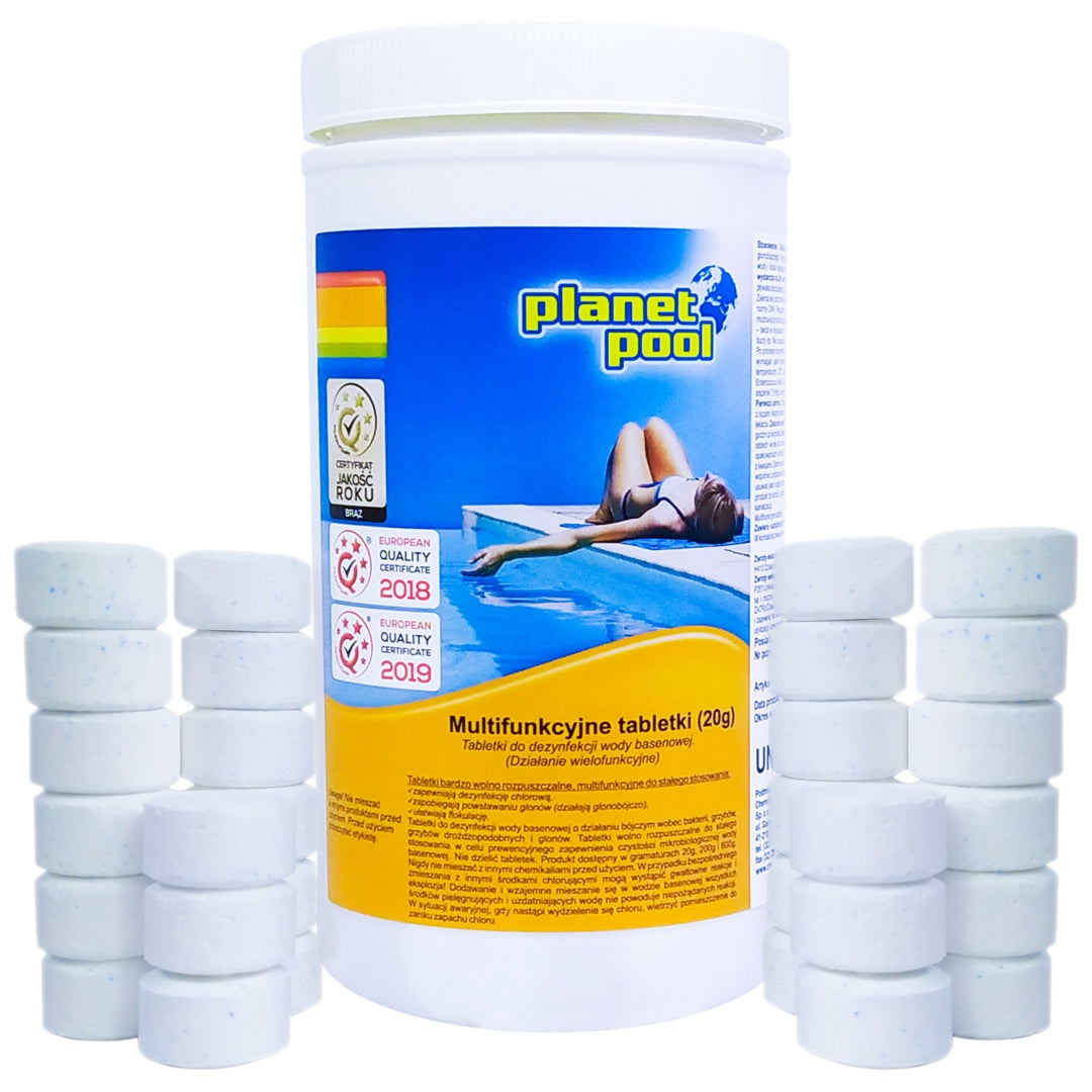 Pojemnik Planet Pool multifunkcyjne tabletki 20 g z rozsypanymi tabletkami
