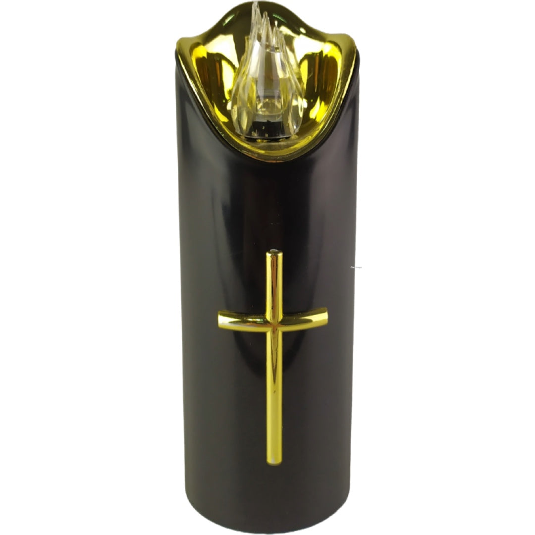 Czarno-złoty znicz LED Cortina 2/23/LUX z krzyżem, wysokość 15 cm