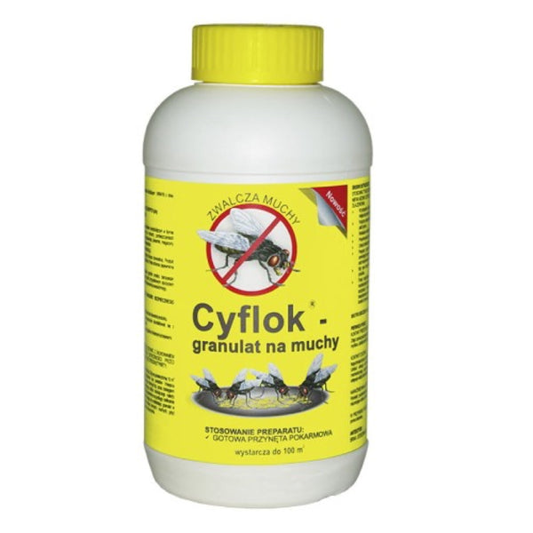 Żółto-biała butelka Cyflok granulat na muchy 250 g