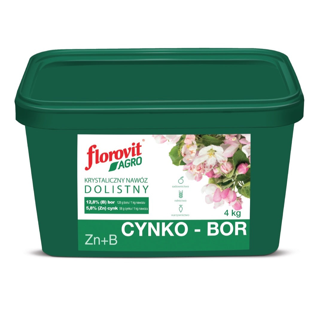 Zielone wiaderko 4 kg nawozu Florovit AGRO krystaliczny nawóz dolistny Cynko-Bor na białym tle