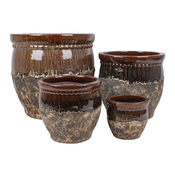 Komplet czterech brązowo-beżowych donic ceramicznych Tin Tours DCV-0005.4 z postarzanym dołem