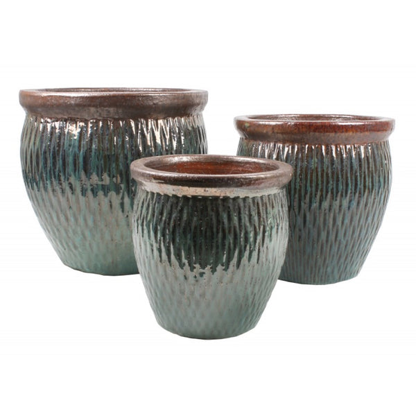 Komplet trzech turkusowo-zielonych donic ceramicznych Tin Tours DCV-0029 z brązowym rantem