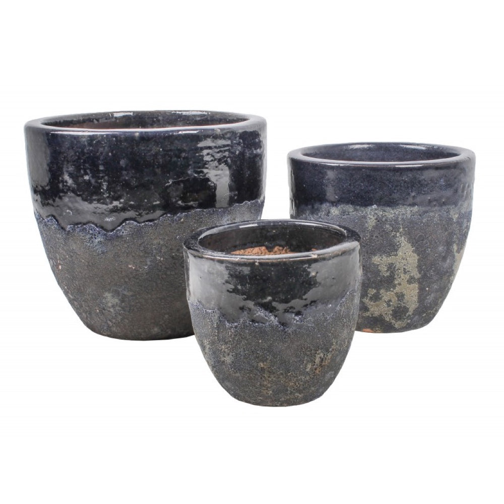 Komplet trzech granatowo-szarych donic ceramicznych Tin Tours DCV-0036 z postarzanym dołem
