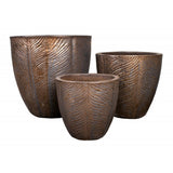 Komplet trzech miedziano-brązowych donic ceramicznych Tin Tours DCV-0136-D ze wzorem w kształcie piór