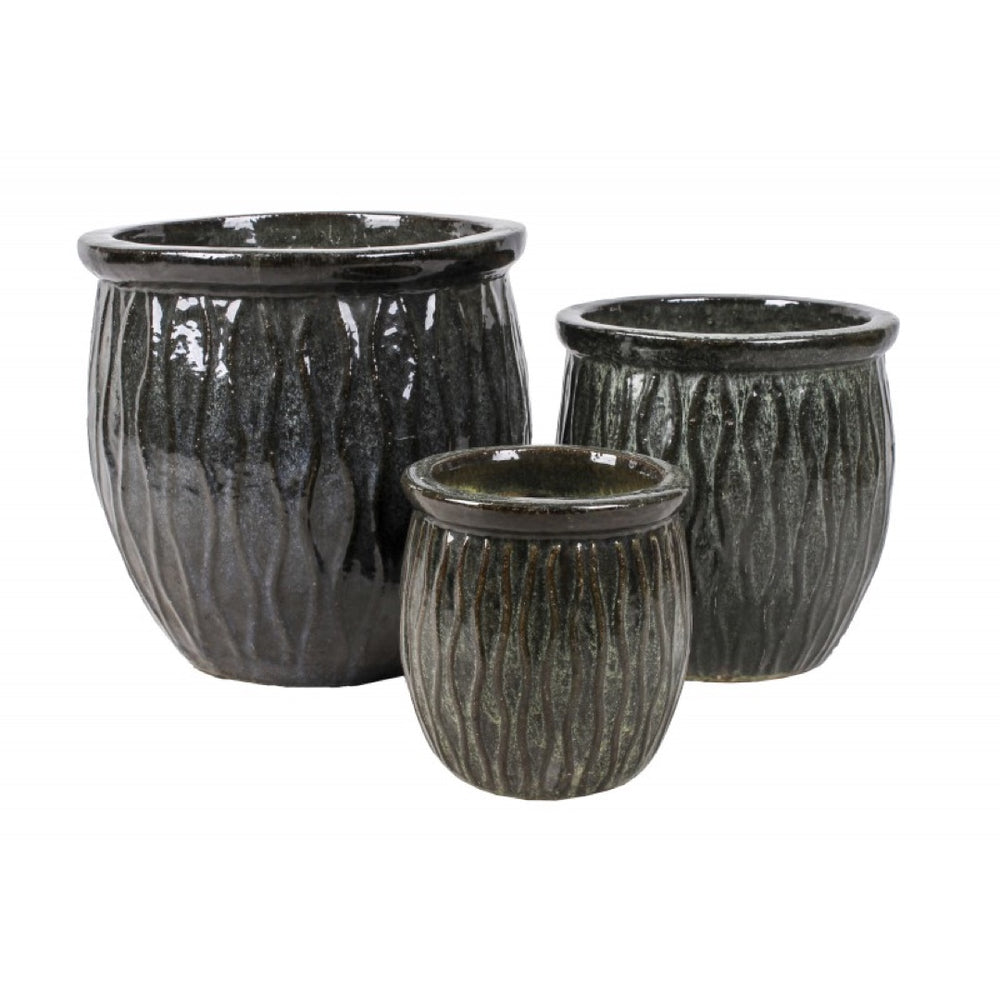 Komplet trzech ciemnych, grafitowych donic ceramicznych Tin Tours DCV-0153-B z falistym żebrowanym wzorem