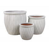 Komplet trzech kremowobiałych donic ceramicznych Tin Tours DCV-0153-C z falistym wzorem i terakotowym wnętrzem