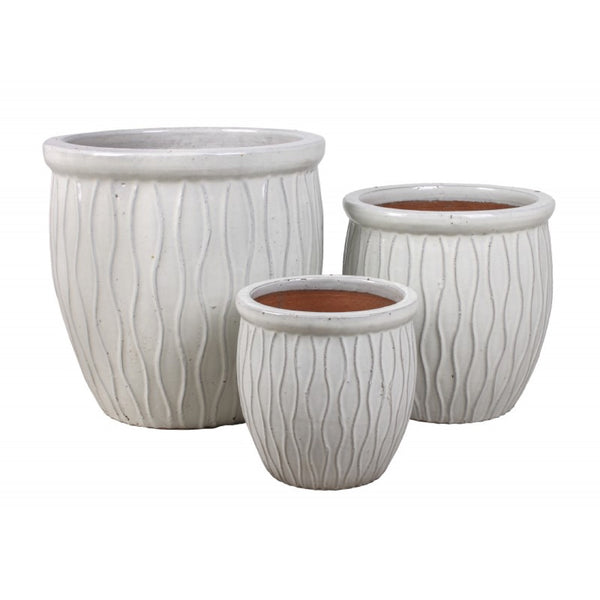 Komplet trzech kremowobiałych donic ceramicznych Tin Tours DCV-0153-C z falistym wzorem i terakotowym wnętrzem