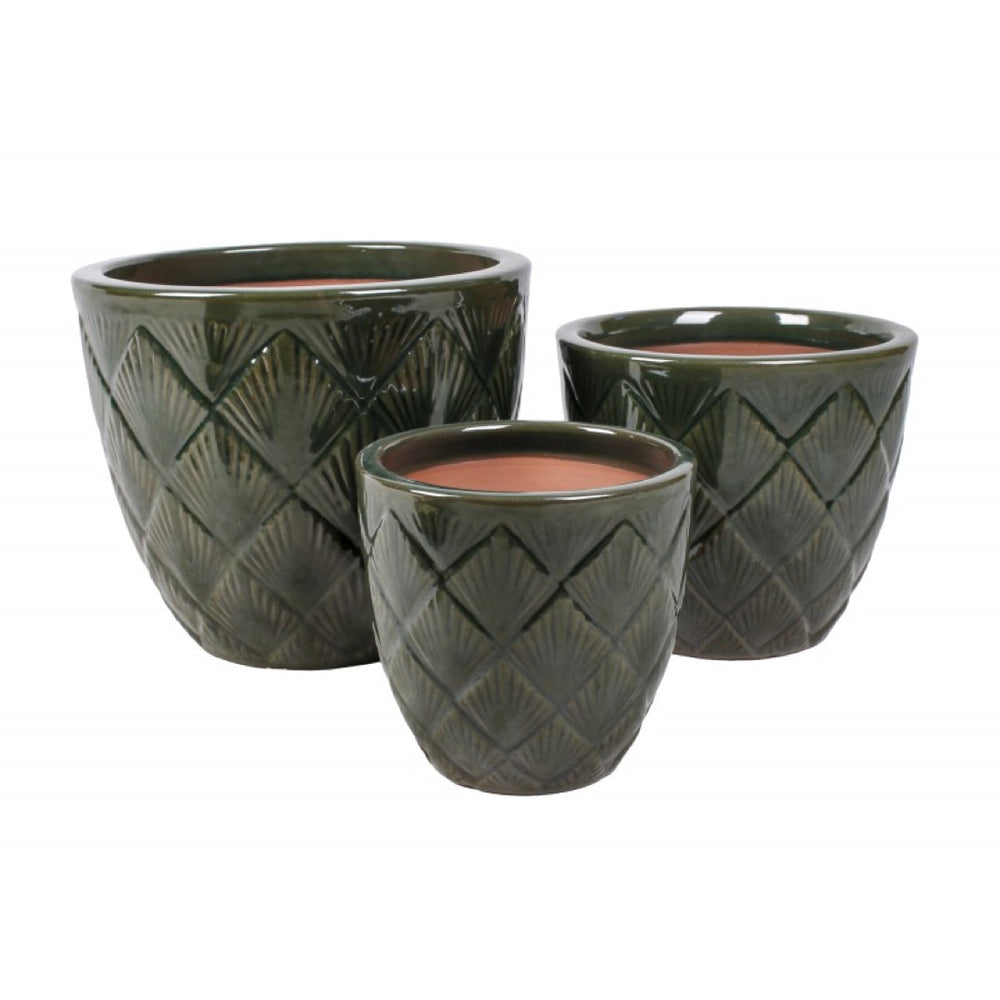 Komplet trzech zielonych, szkliwionych donic ceramicznych Tin Tours DCV-0170-B ze wzorem w romby