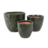Komplet trzech zielonych, szkliwionych donic ceramicznych Tin Tours DCV-0170-B ze wzorem w romby