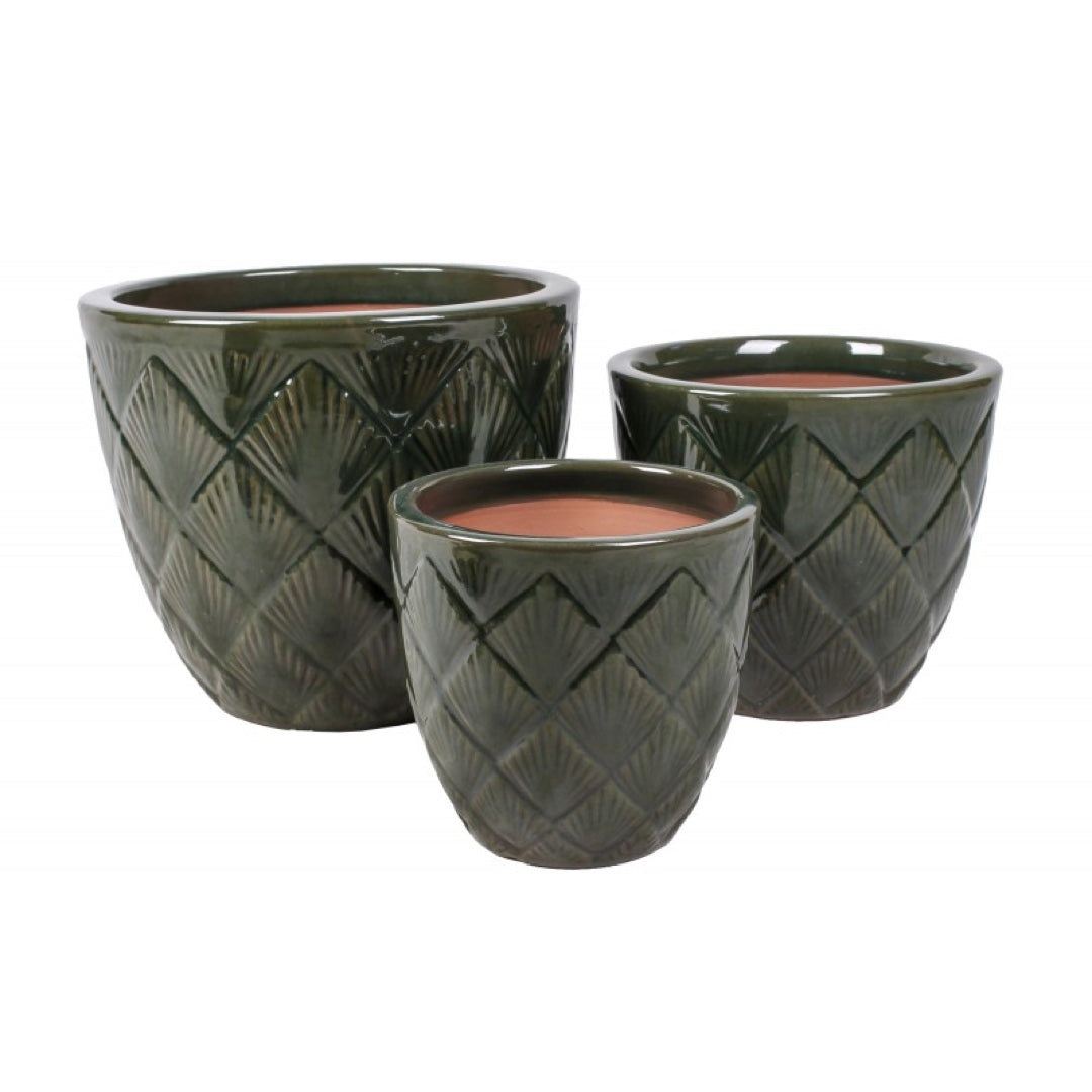 Komplet trzech zielonych, szkliwionych donic ceramicznych Tin Tours DCV-0170-B ze wzorem w romby