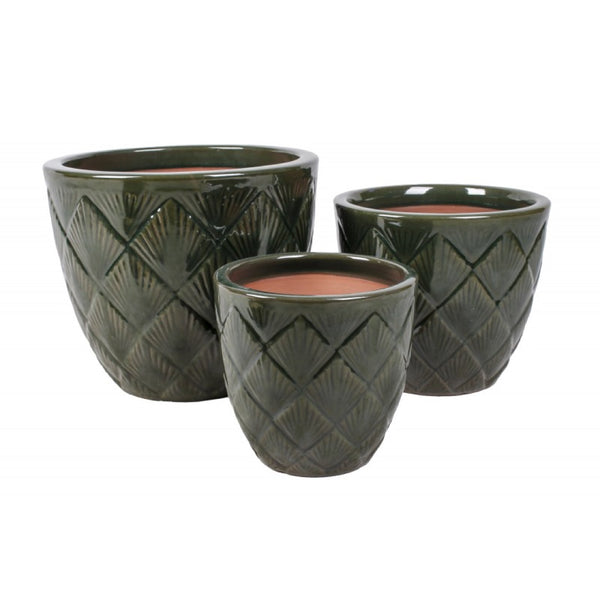 Komplet trzech zielonych, szkliwionych donic ceramicznych Tin Tours DCV-0170-B ze wzorem w romby