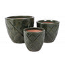 Komplet trzech zielonych, szkliwionych donic ceramicznych Tin Tours DCV-0170-B ze wzorem w romby