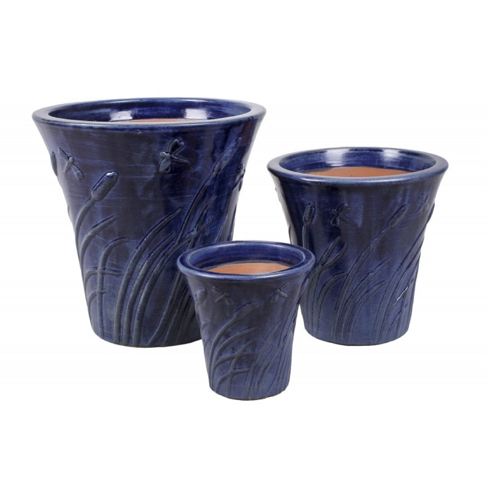 Komplet trzech niebieskich, szkliwionych donic ceramicznych Tin Tours DCV-0171-A o stożkowym kształcie
