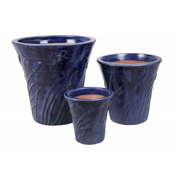 Komplet trzech niebieskich, szkliwionych donic ceramicznych Tin Tours DCV-0171-A o stożkowym kształcie