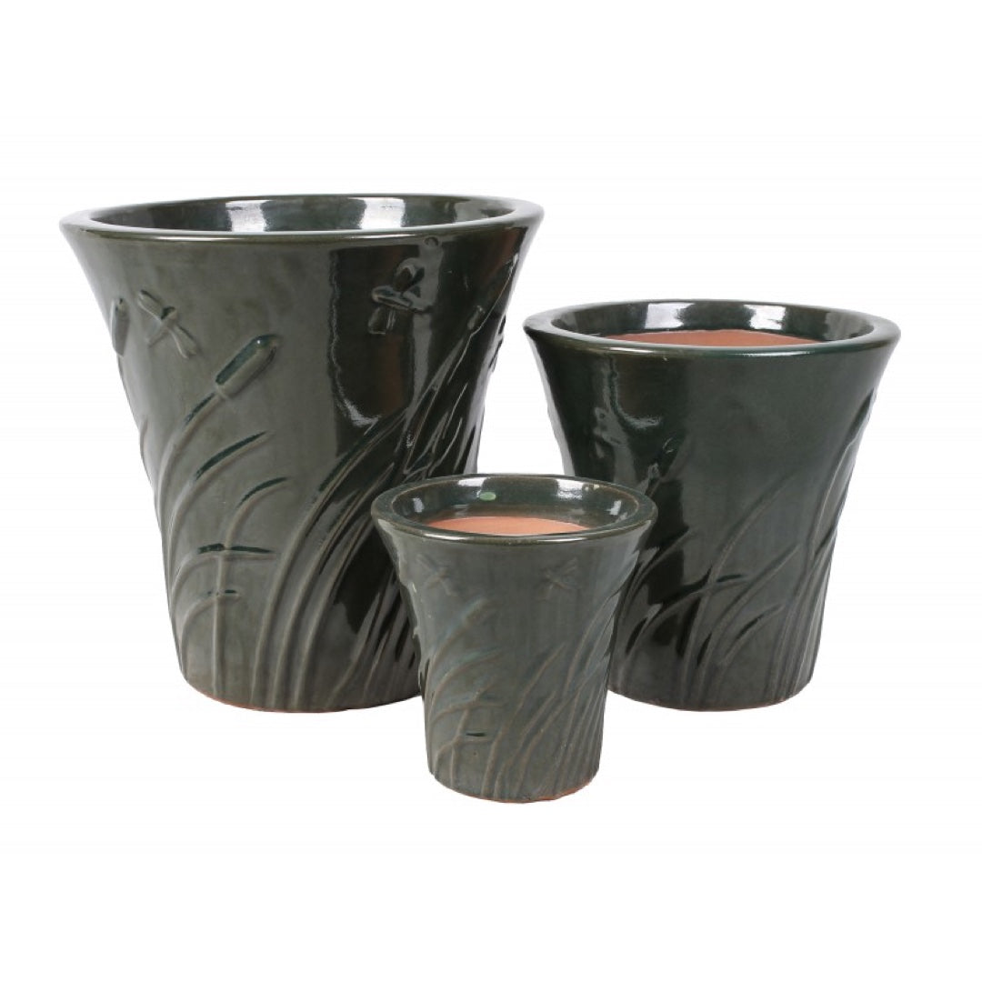 Komplet trzech ciemnozielonych, szkliwionych donic ceramicznych Tin Tours DCV-0171-B o stożkowym kształcie