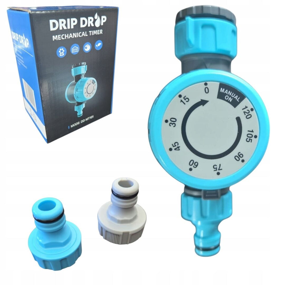 Mechaniczny zegar podlewania Drip Drop DD-MT101 z tarczą 0-120 minut, opakowanie i przyłącza w zestawie