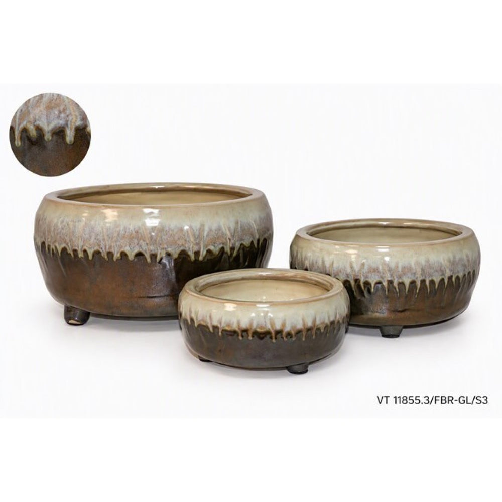 Zestaw trzech niskich ceramicznych osłon bonsai Dolagra Vici VT 11855.3 z brązowo-kremową glazurą