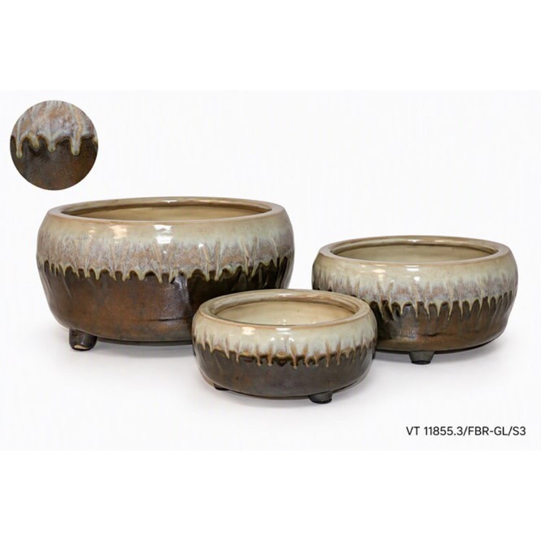 Zestaw trzech niskich ceramicznych osłon bonsai Dolagra Vici VT 11855.3 z brązowo-kremową glazurą