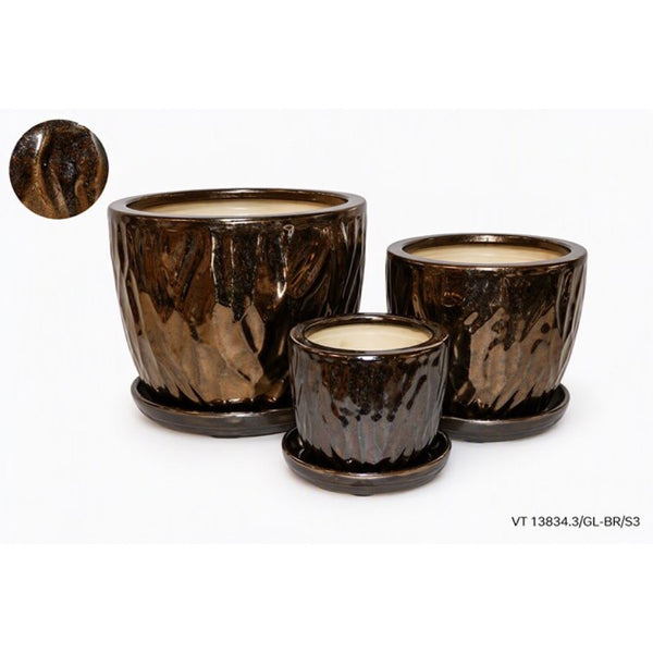 Zestaw trzech ceramicznych donic z podstawkami Dolagra Vici VT 13834.3 w kolorze metalicznego brązu z falistą fakturą