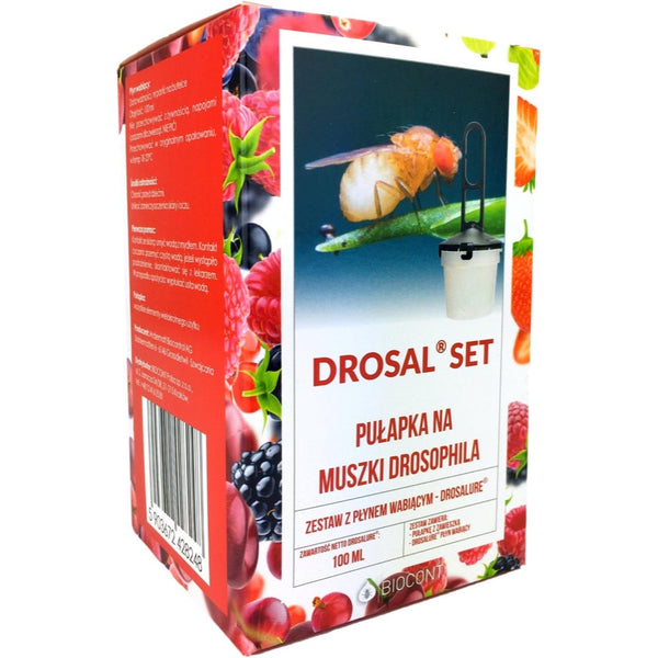 Opakowanie zestawu Drosal SET Biocont, pułapka na muszki Drosophila z płynem wabiącym Drosalure 100 ml