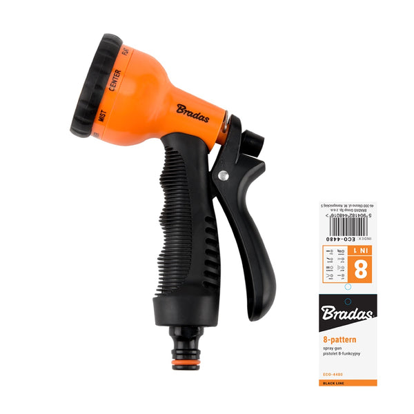 Pistolet zraszający Bradas ECO-4480 z oznaczeniem 8 funkcji na opakowaniu