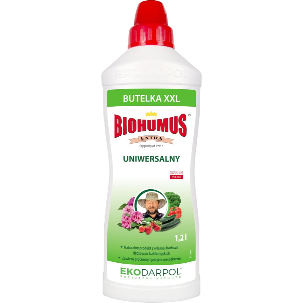 Butelka 1,2 l płynnego nawozu Biohumus Extra uniwersalny EkoDarPol na białym tle