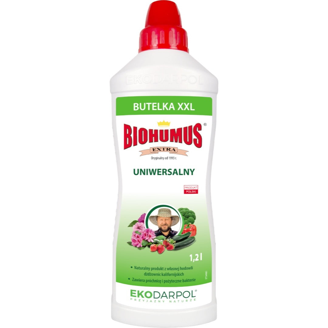 Butelka 1,2 l płynnego nawozu Biohumus Extra uniwersalny EkoDarPol na białym tle
