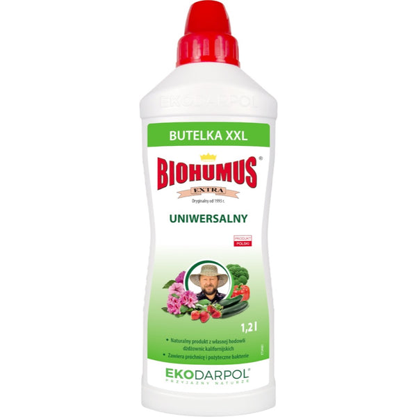 Butelka 1,2 l płynnego nawozu Biohumus Extra uniwersalny EkoDarPol na białym tle