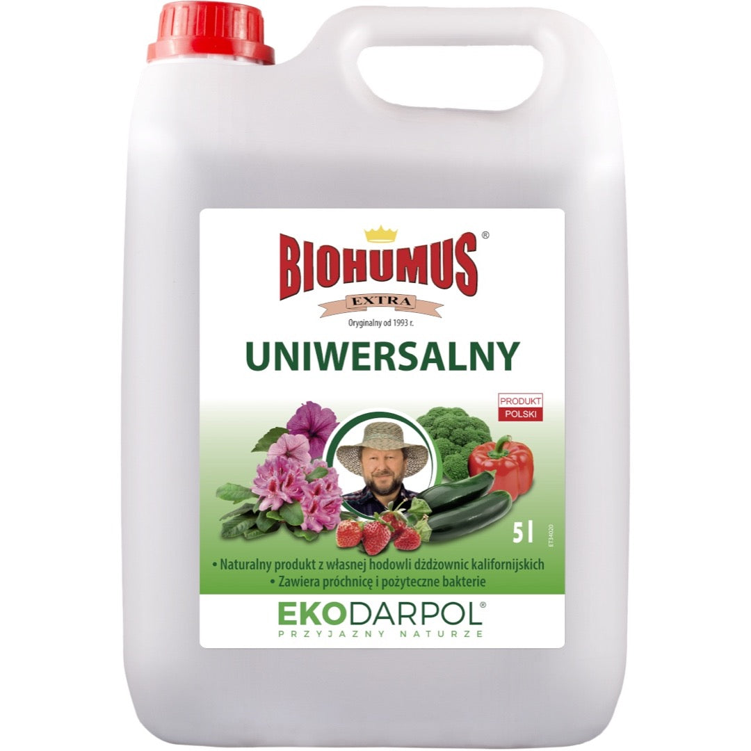 Kanister 5 l płynnego nawozu Biohumus Extra uniwersalny EkoDarPol na białym tle