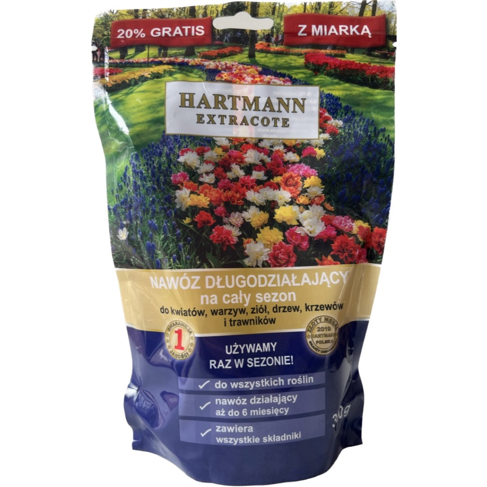 Torebka 360 g nawozu długodziałającego Hartmann Extracote do wszystkich roślin na białym tle