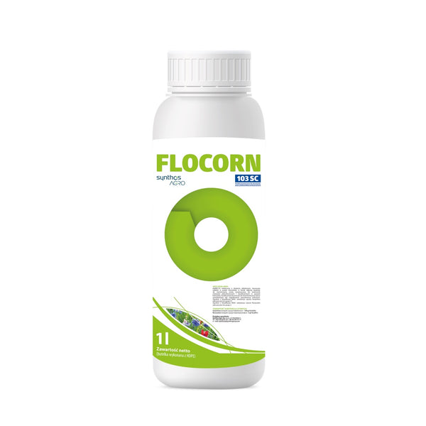 Butelka 1 l herbicydu Flocorn 103 SC firmy Synthos Agro z zieloną etykietą