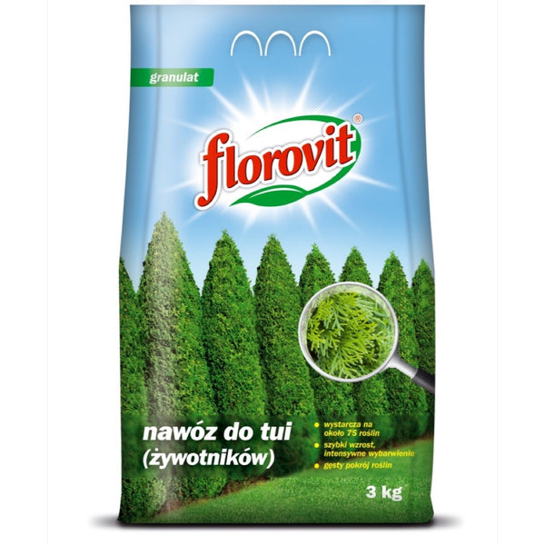 Worek 3 kg granulowanego nawozu Florovit do tui z napisem wystarcza na około 75 roślin