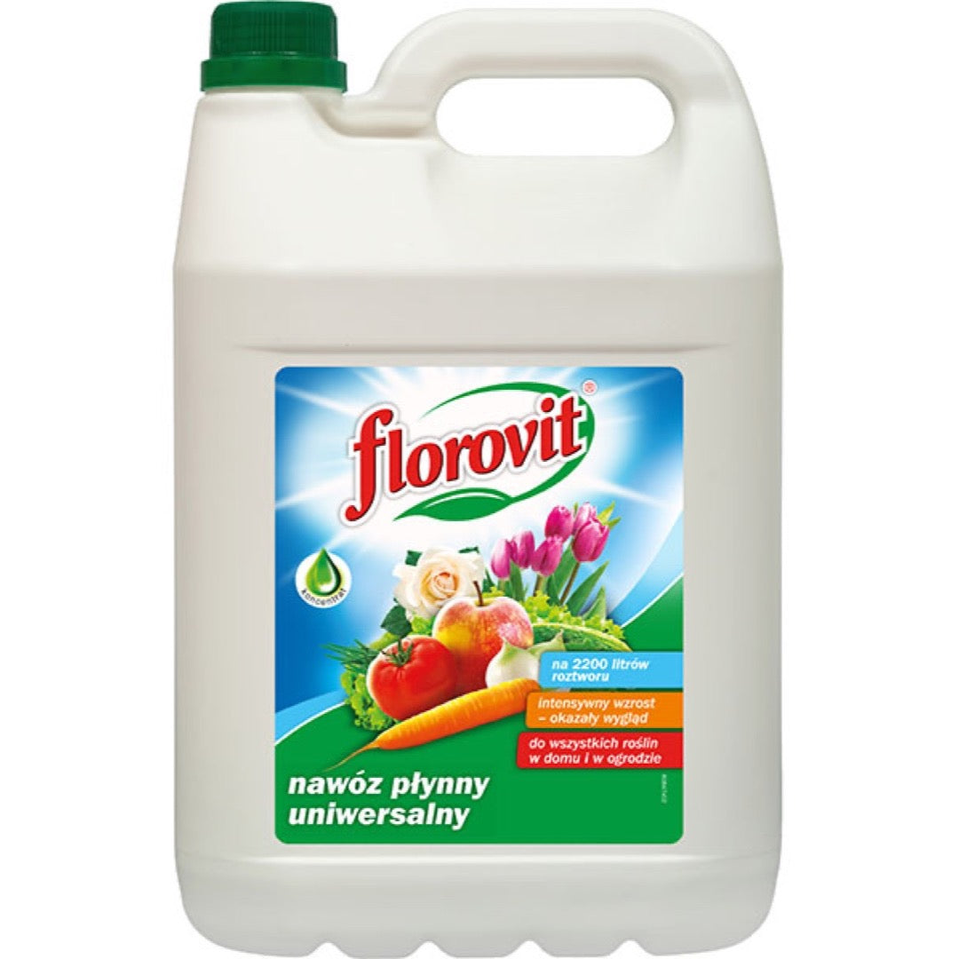 Kanister 5,5 kg nawozu płynnego uniwersalnego Florovit na białym tle
