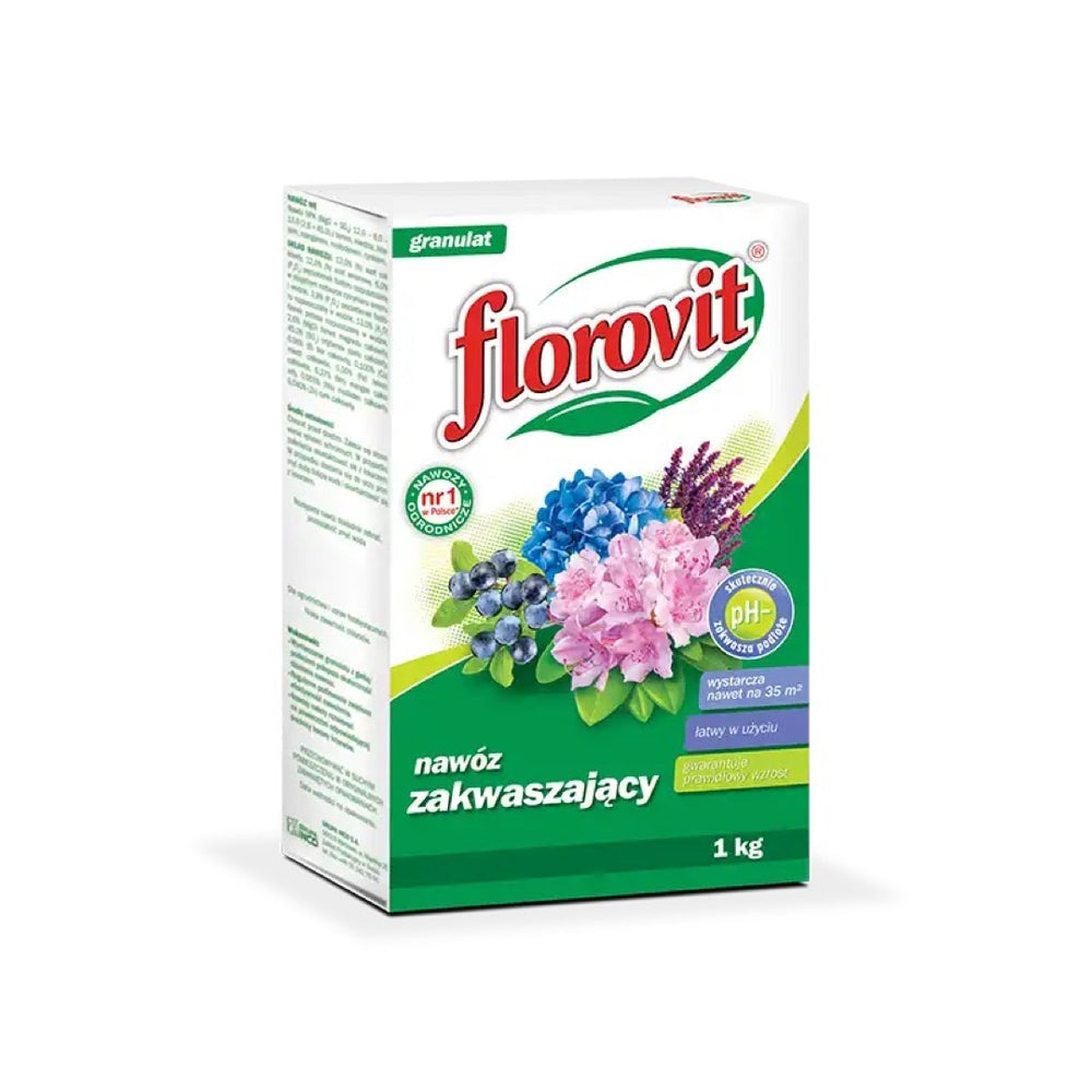 Karton 1 kg granulowanego nawozu zakwaszającego Florovit na białym tle