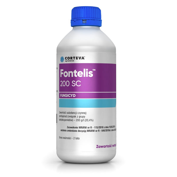 Butelka 1 l fungicydu Fontelis 200 SC firmy Corteva Agriscience z niebieską nakrętką