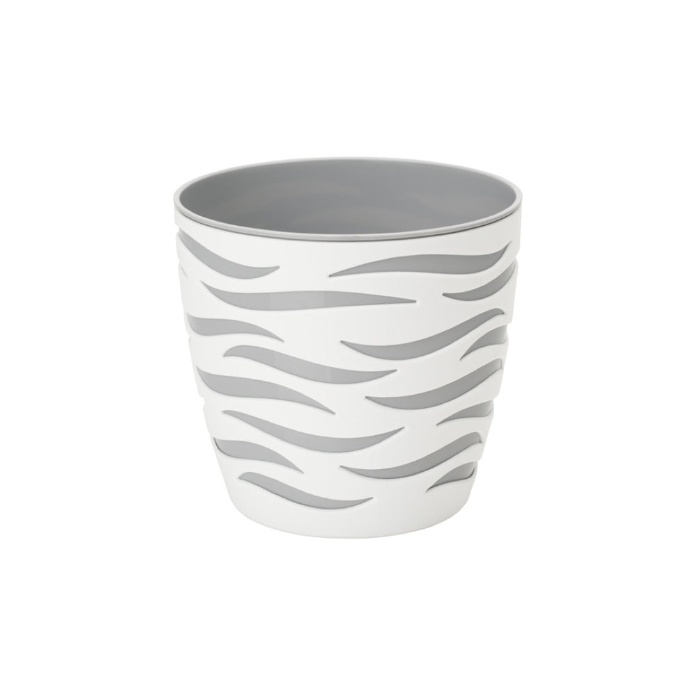 Biała ażurowa donica Sahara Duo 14 cm Form-Plastic z wkładem w kolorze platyna