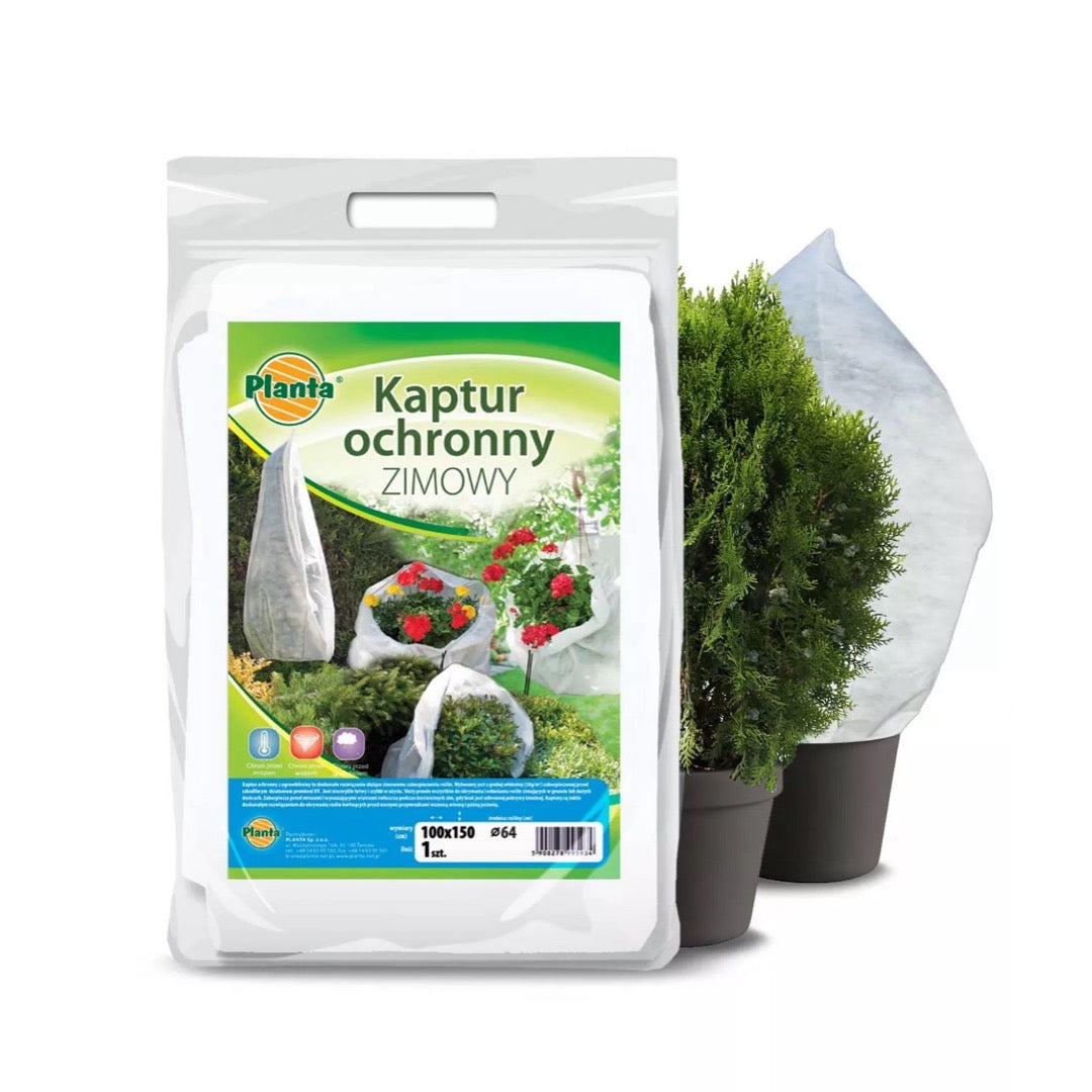 Kaptur ochronny zimowy Planta z agrowłókniny, opakowanie i zastosowanie na iglaku (zdjęcie poglądowe)