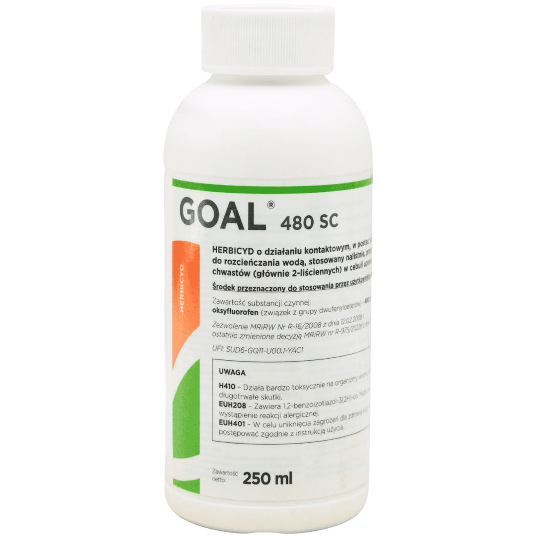 Butelka 250 ml herbicydu Goal 480 SC z oksyfluorofenem do cebuli