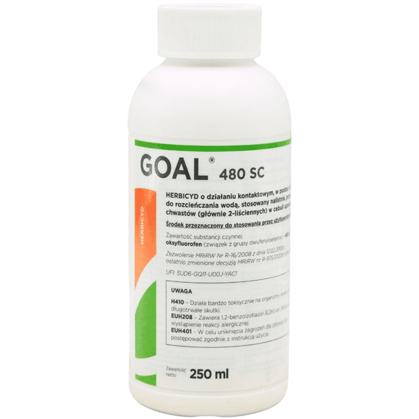 Butelka 250 ml herbicydu Goal 480 SC z oksyfluorofenem do cebuli