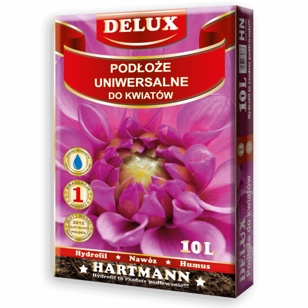 Opakowanie podłoża uniwersalnego do kwiatów DELUX Hartmann na białym tle