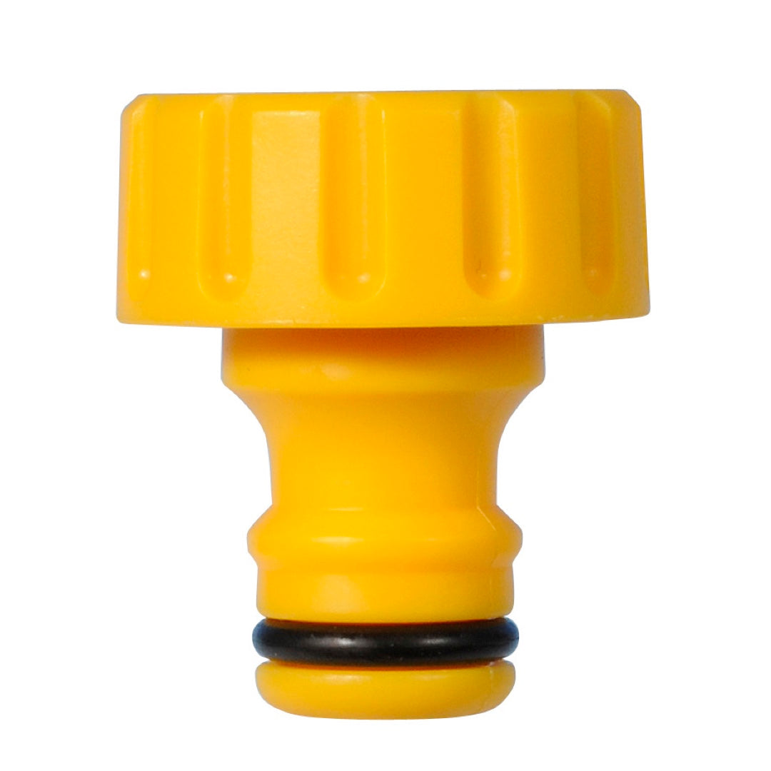 Żółte przyłącze do kranu zewnętrznego Hozelock 2167 do gwintu 3/4" na białym tle