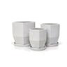 Komplet trzech ceramicznych donic Shalin HX678 w kolorze białym, o geometrycznym kształcie, z podstawkami