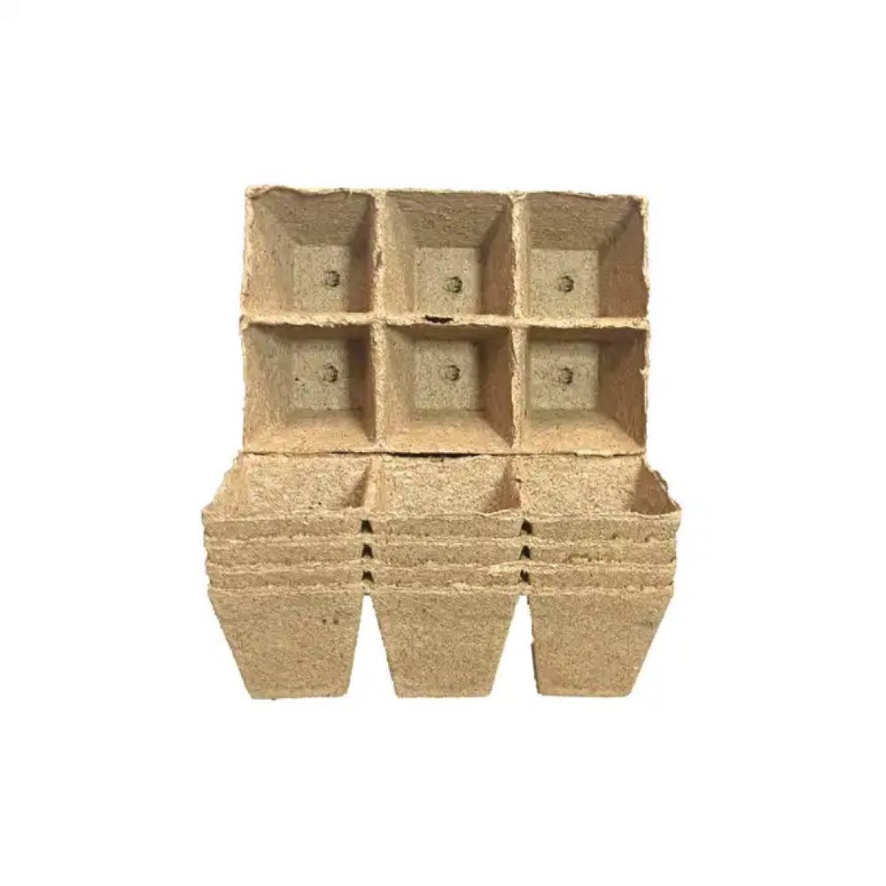 Zespolone kwadratowe doniczki torfowe Jiffy 8 x 8 cm, sześciopak i stos doniczek na białym tle
