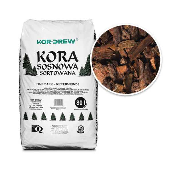 Kora sosnowa sortowana Kor-Drew 80 l, frakcja gruba 5-10 cm, worek na białym tle