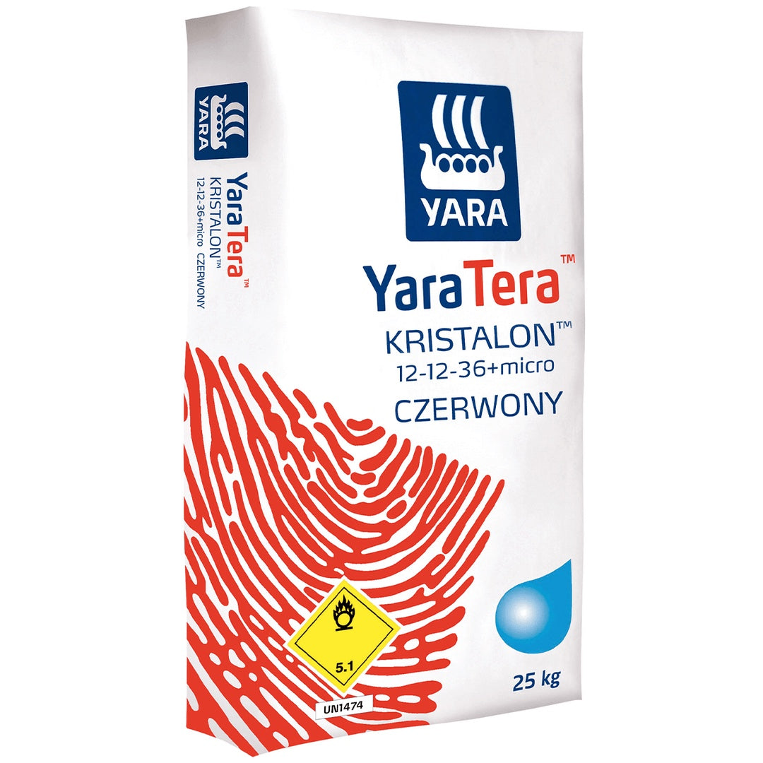 Worek nawozu Yara Kristalon Czerwony 12-12-36+mikro 25 kg na białym tle